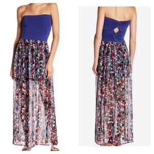 Felicity & Coco purple abstract strapless open twist back dress size medium